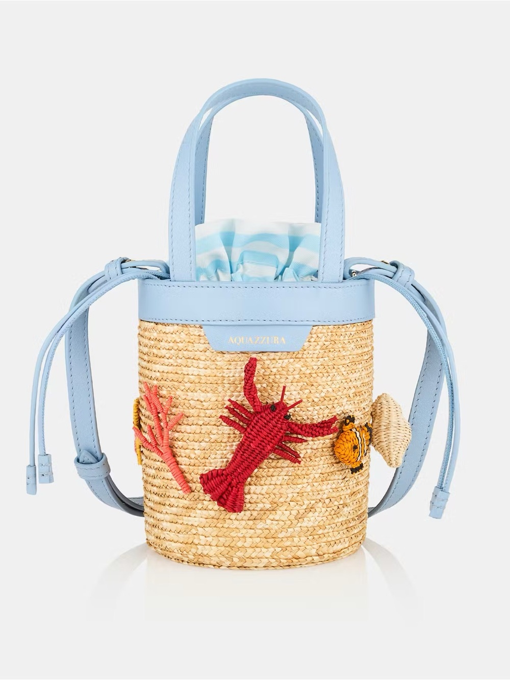 Aquazzura Pale Blue Trim Straw Bucket Bag with Multicolor Embroidery - Picture 4 of 4